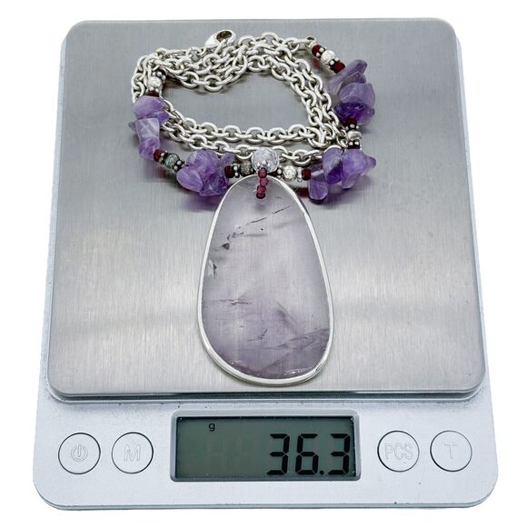 Vintage Sterling Silver 925 Amethyst Nugget & Large Amethyst Slice Necklace 18" - Picture 5 of 5